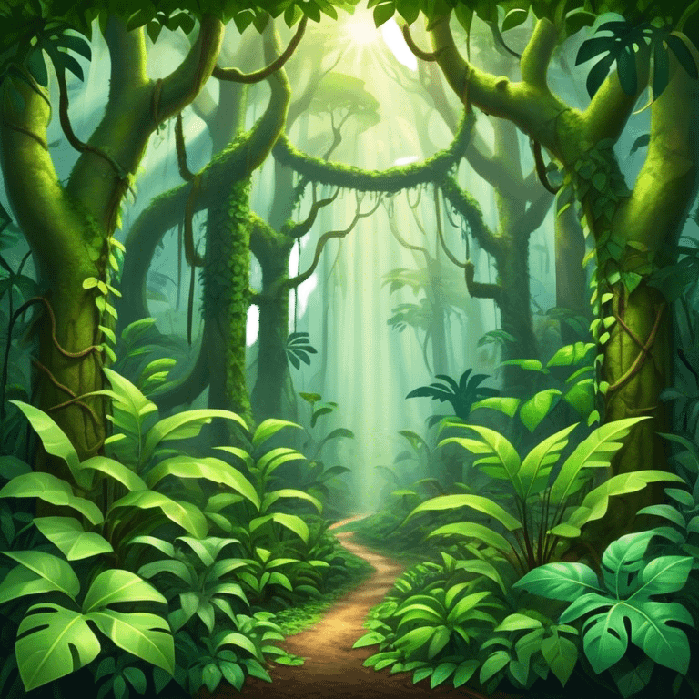 Cinematic Realistic Rainforest Emoji, Lush and vibrant, filled with towering trees, thick vines, and dense green foliage, sunlight filtering through the canopy above, creating dappled patches of light on the rich, diverse undergrowth. The air is heavy with moisture, with mist rising from the forest floor and distant calls of exotic birds and animals echoing through the trees. Soft glowing outline, capturing the essence of a thriving, untamed tropical paradise filled with life! emoji