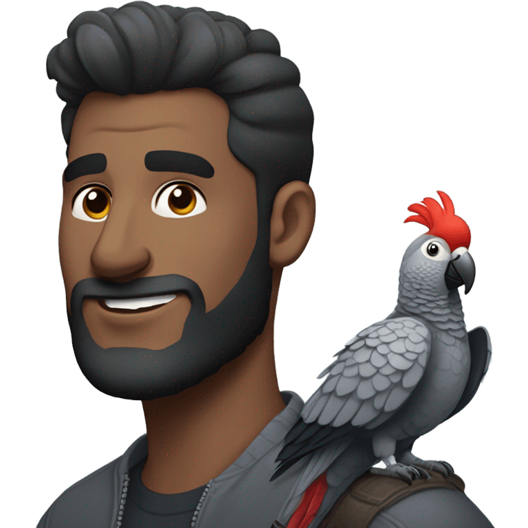 Man with dark brown pompadour hair and dark brown short beard riding on top of a giant african grey bird emoji