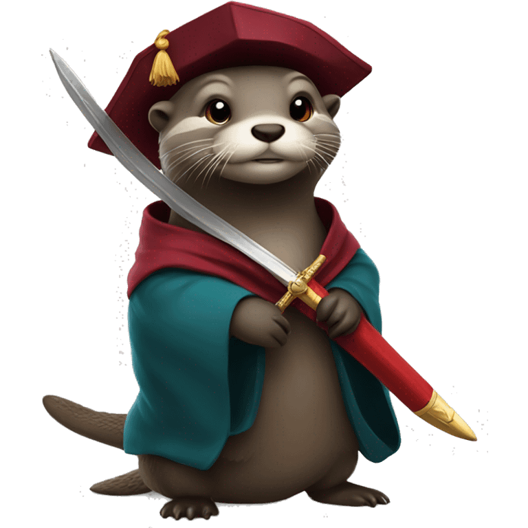 Otter wearing PhD robes and hat and a sword emoji