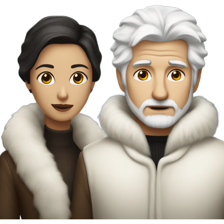 Dark haired woman white haired man White couple in long fur coats emoji