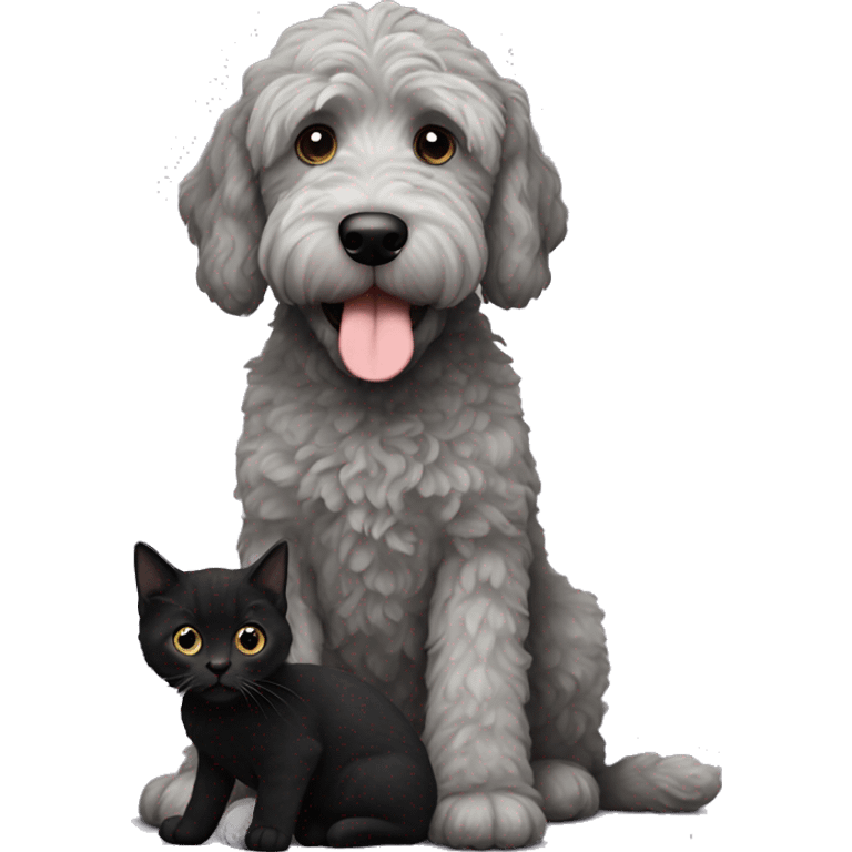 Grey labradoodle with black kitten emoji