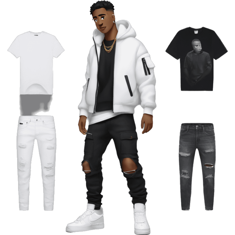 man fullbody, black nike tech fleece, white air force one shoes, amiri jean front view emoji