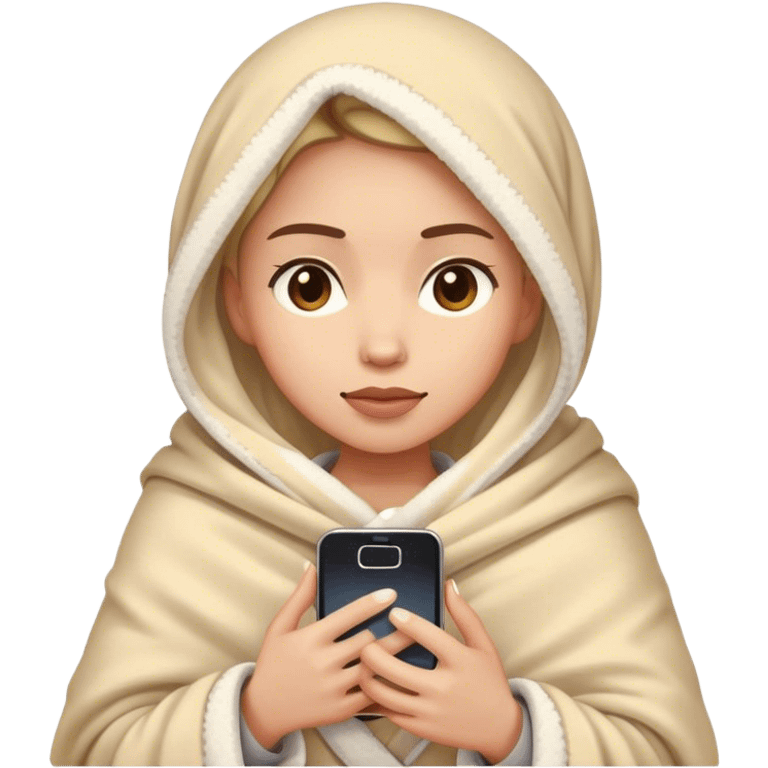 Hyper-realistic woman wrapped in a soft, cozy blanket, holding a smartphone, expressive face, warm lighting, high-quality emoji style emoji