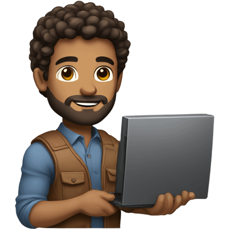 men holding his computer in hands. light brown skin men with curly dark brown hair, brown eyes, little grown beard. ust a tiny bit muscular. dressed casual. round face. emoji