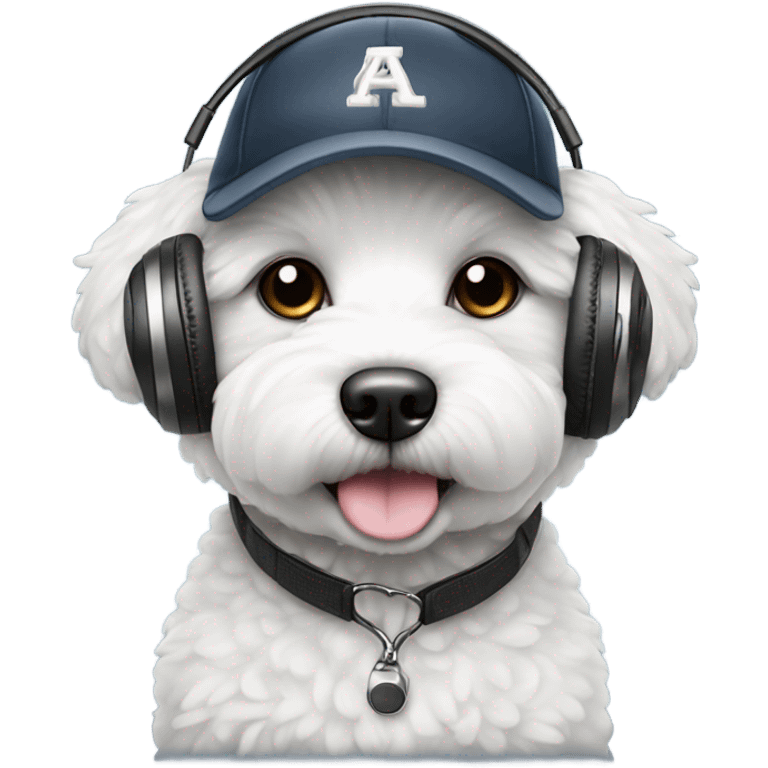 A Bichon wearing a baseball cap and headphones  emoji