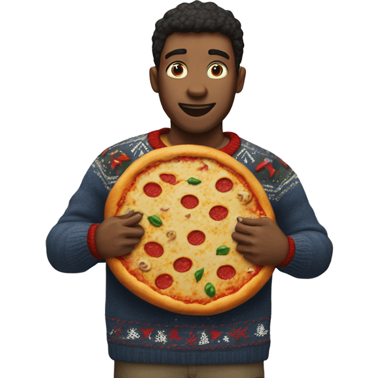 Someone wearing an ugly Christmas sweater and holding a pizza emoji