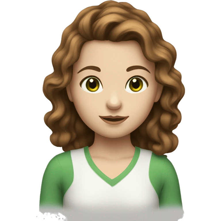 A girl with brown wavy hair, green eyes and white skin emoji