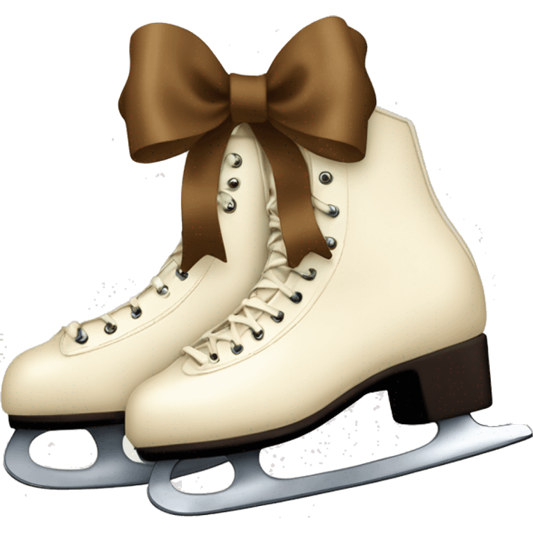 Cream color pair of ice skates hanging from a brown bow tied  emoji