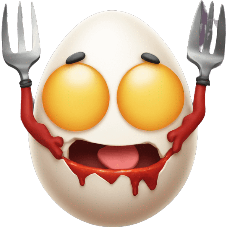 Egg with devil features and a pitchfork emoji