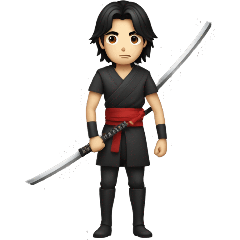 A man with black hair and red eyes, holding a katana in his hand emoji