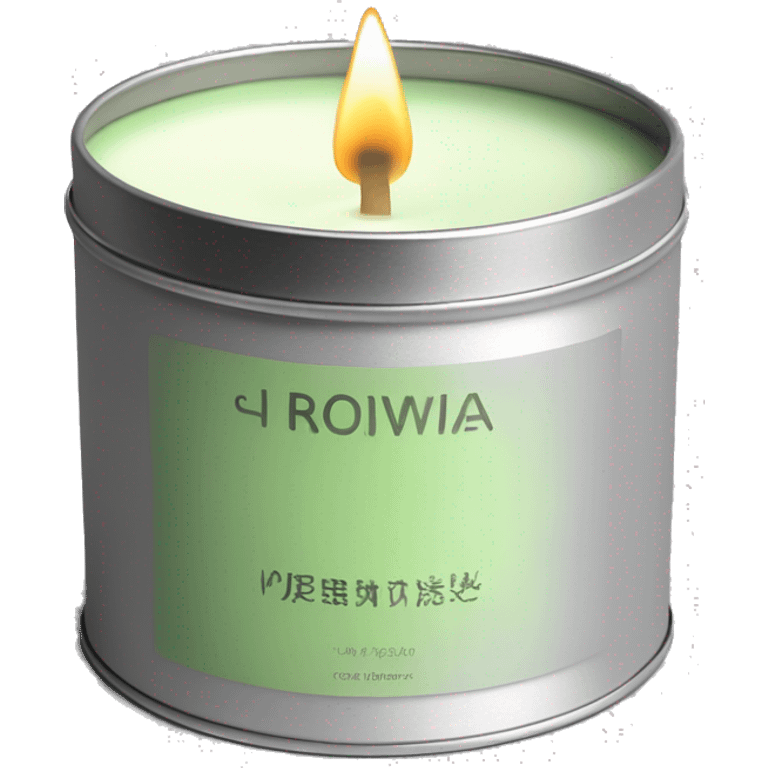 matcha scented candle in silver tin with minimalistic label hyperrealistic emoji