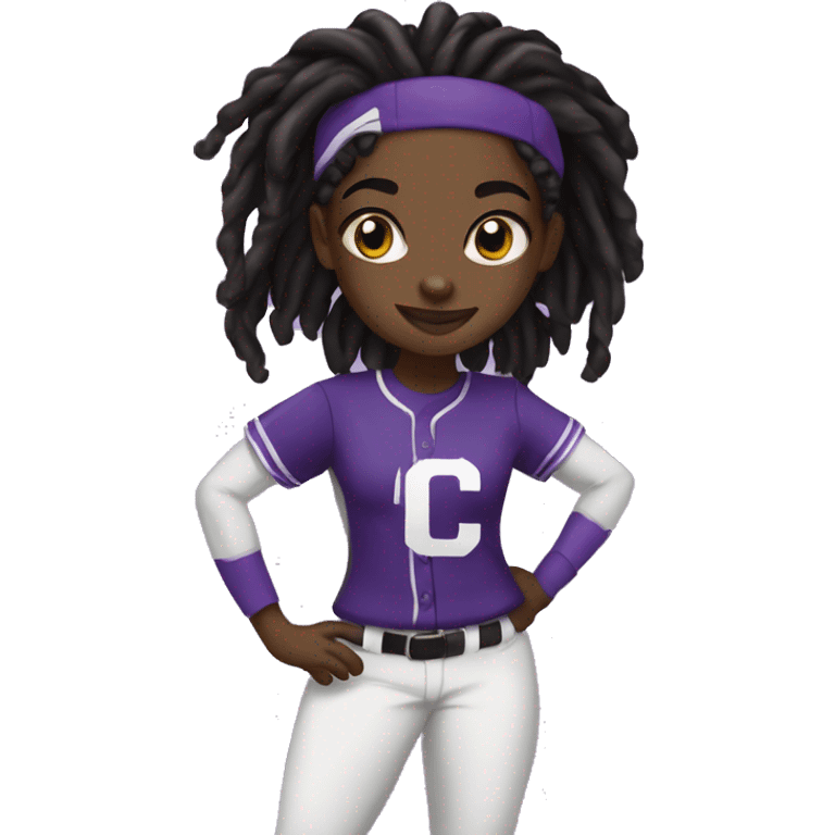 baseball card character. black girl. dread locs. letter C logo. Purple and white uniform.  emoji