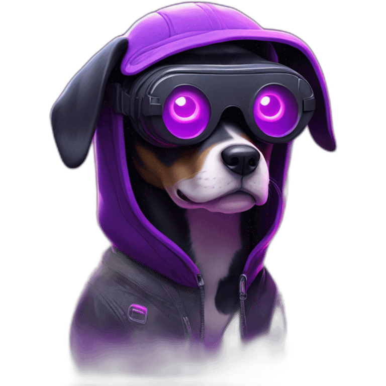 funny dog wearing a black hoodie with "OMG" letters on it and VR headset in a cyberpunk VR environment with violet neon lighting. emoji