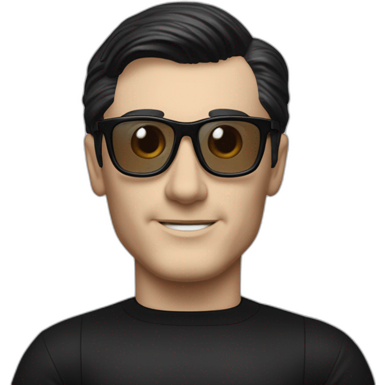 small photo realistic left arm waving Ralf Hutter from Kraftwerk, short straight black hair, Dark Brown eyes, black glasses, thin, black shirt, beside black Tesla, right side view emoji