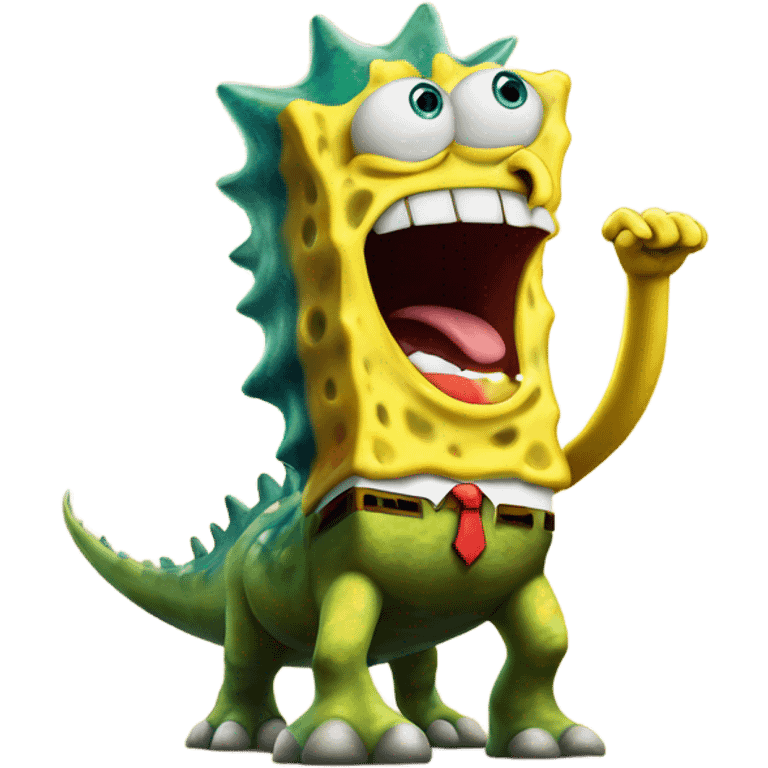 SpongeBob standing on dinosaur in victory emoji