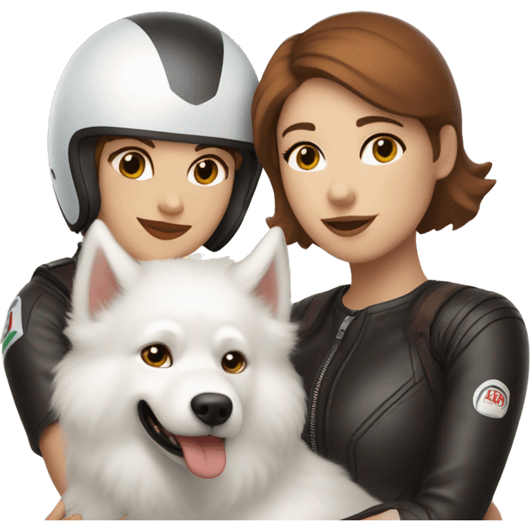 Girl biker white skin and brown short hair with a agv helmet hugging a white Samoyed emoji