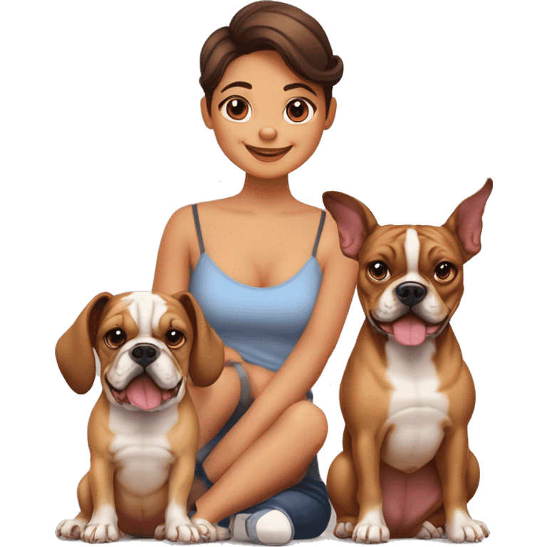 família de um bulldog francés e um pinscher um pai careca uma mae com cabelo ondulado uma menina com cracois uma bebe com caracóis e um menino com cabelo curto ondulado emoji