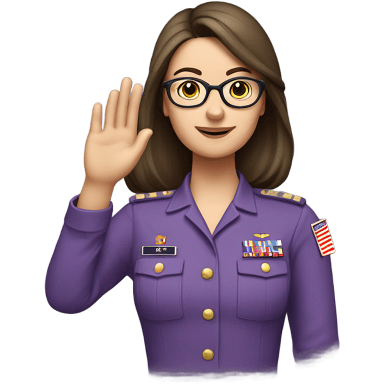 a caucasian brunette female, wearing a purple shirt and glasses, making the military salute gesture with her hand next to her head emoji