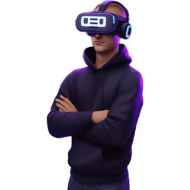 Russian man wearing a black hoodie with "OMG" letters on it and VR headset in a cyberpunk VR environment with violet neon lighting. emoji