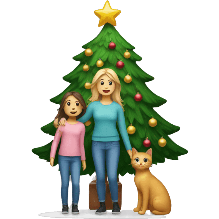 A mother, daughter & cat standing by a Christmas tree emoji