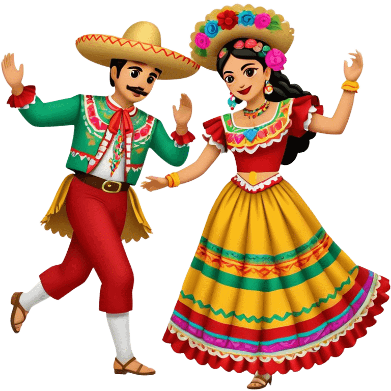 Cinematic Realistic scene of two performers dancing the Jarabe Tapatío, dressed in colorful traditional Mexican costumes with intricate embroidery, captured in energetic, festive motion with vibrant, celebratory lighting emoji