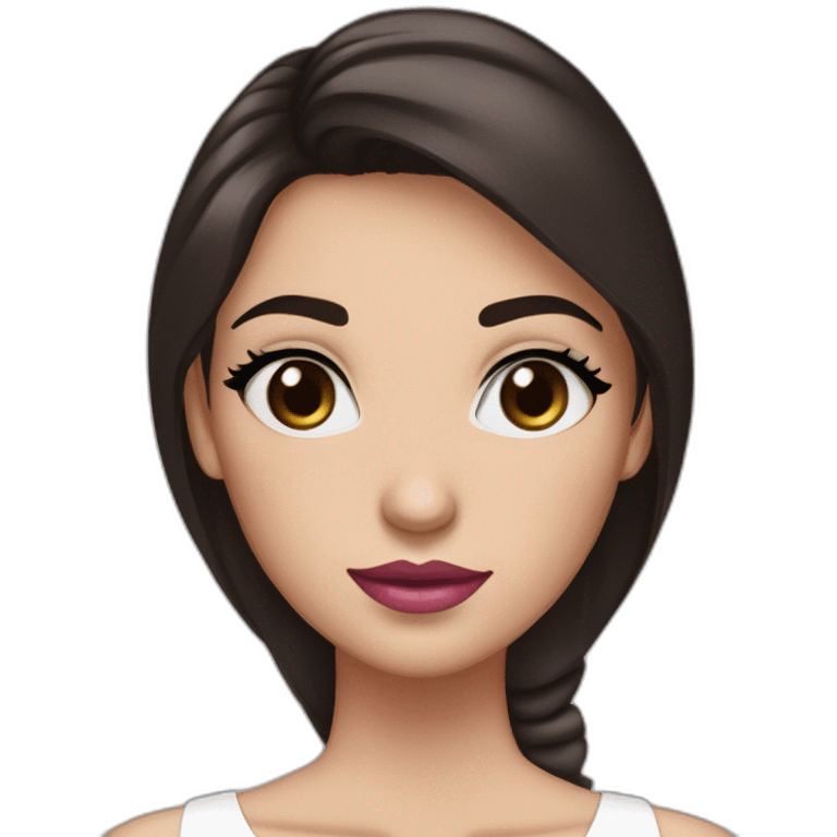 Women with long dark brown hair and long eyelashes blue eyes with pink lips and thick dark brown eyebrows wearing a white dress emoji