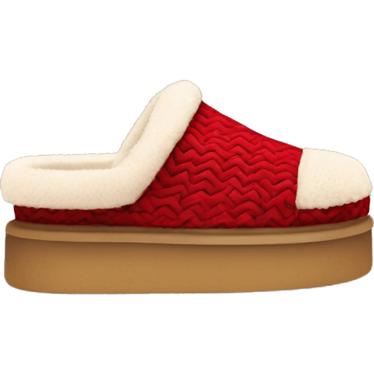 Ugg Camel slip-on slippers. A very thin red zig-zag woven line only encircling the top cuff, and a high chunky thick platform sole. emoji