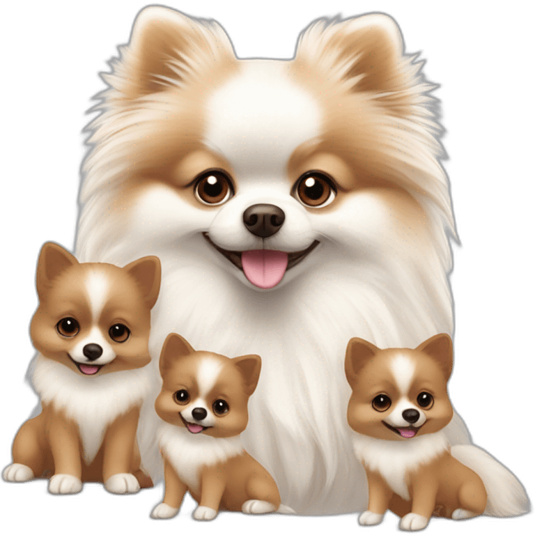 white pomeranian mother dog with four brown puppies  emoji