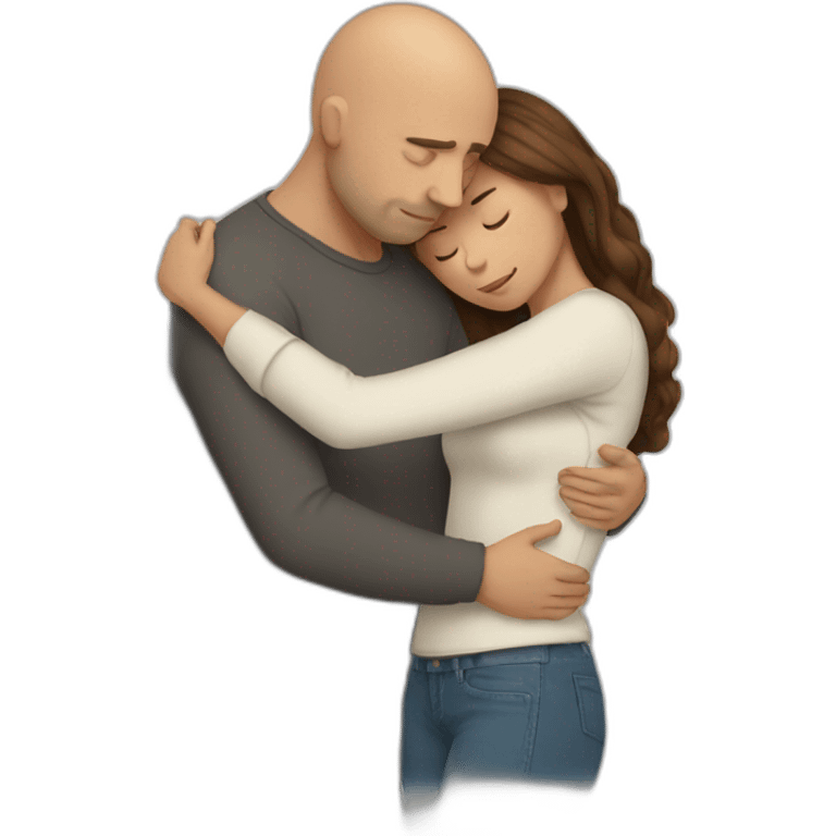 Bald male Hugging a woman with long brown hair for comfort upper body only looking sad emoji