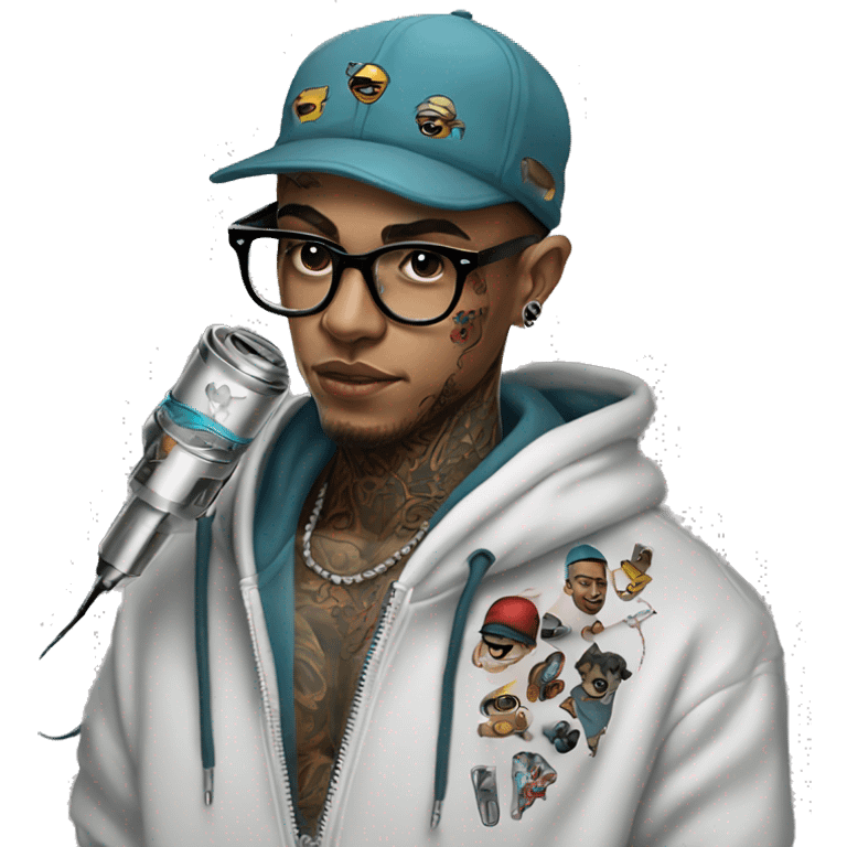 cap hoodie and glasses boy tattoo artist with tattoo holding tattoo machine emoji