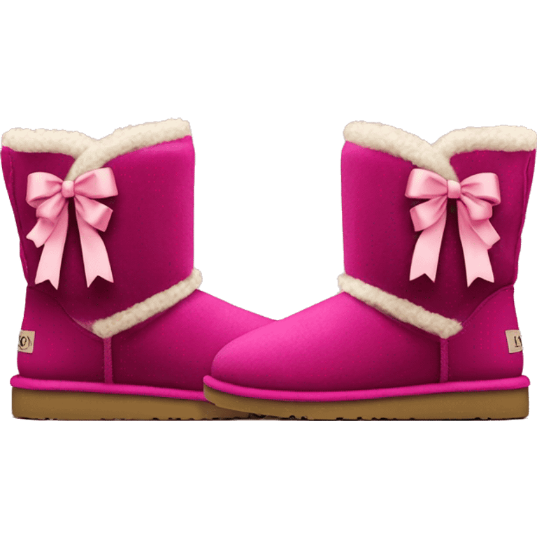 Realistic pair of raspberry color Ugg fur boots laced up with ribbon bows. emoji