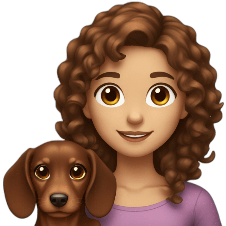 Girl long curly brown hair smiling and brown eyes and holding a dachshund  in her arms emoji