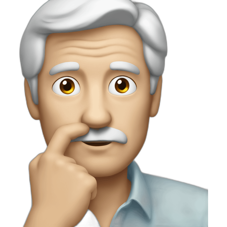 left facing face of older dark haired man rubbing chin with hand from thinking emoji