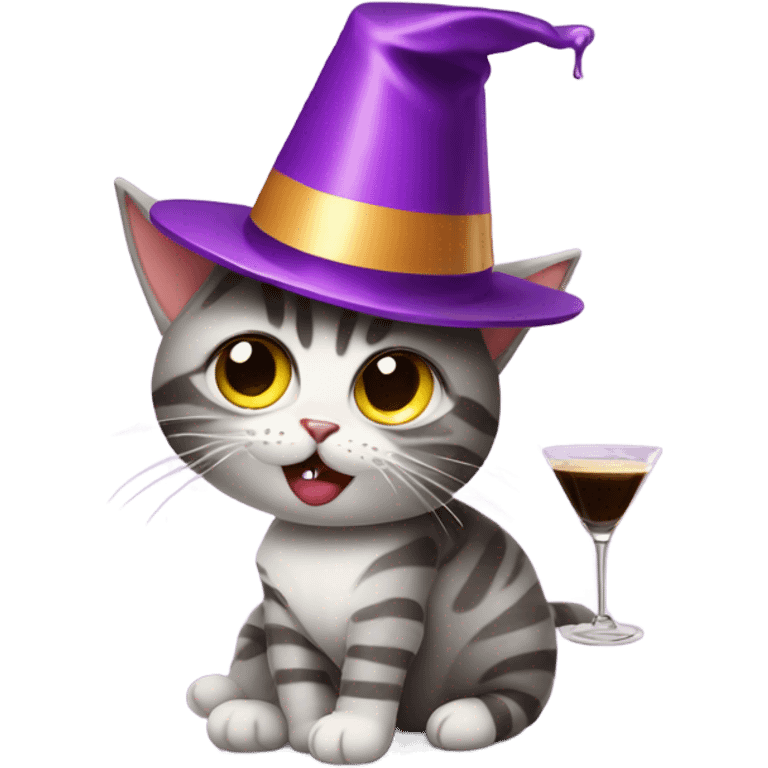 Drunk cat with party hat and espresso martini emoji