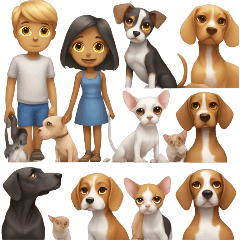 girl and boy with beagle and sphynx emoji