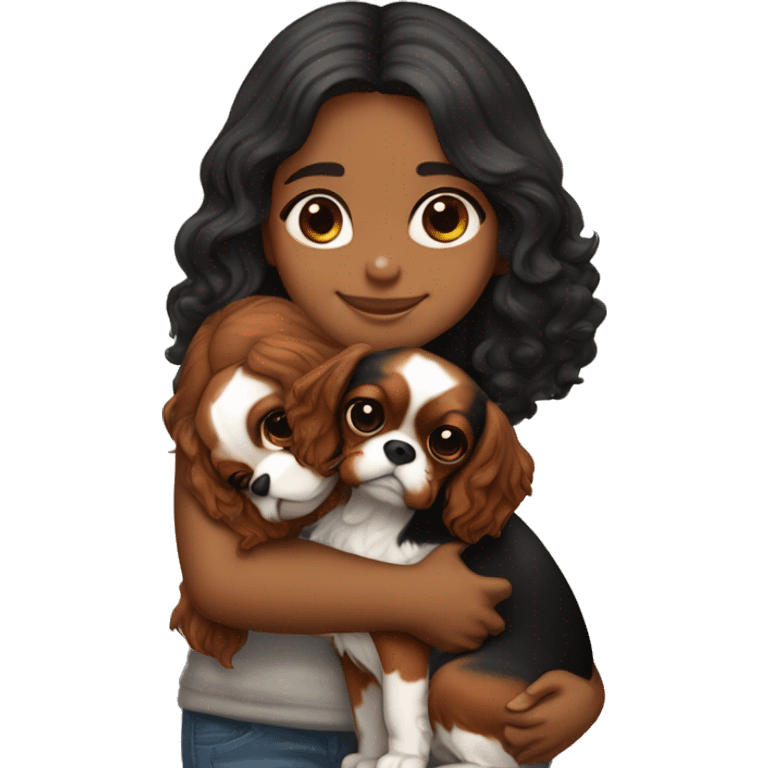 cute girl hugging two black and brown cavalier king charles spaniel  emoji