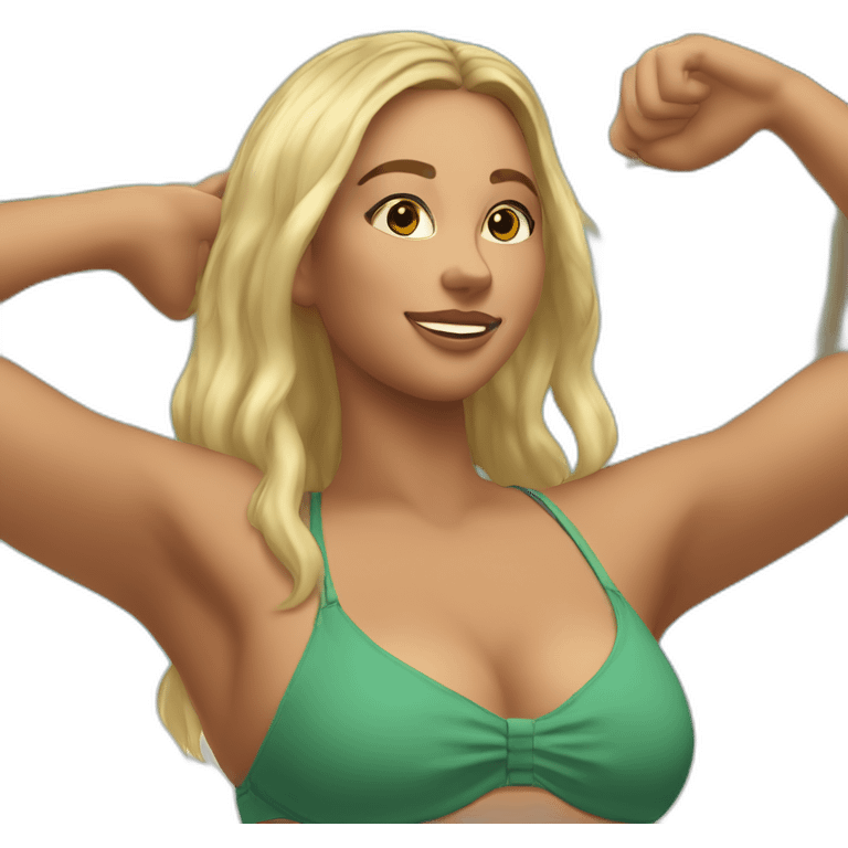 Slim-thicc Caucasian woman bikini hands in hair pose (beach body) emoji