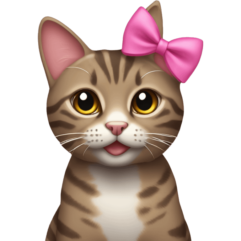 Brownish-gray tabby cat with pink bow emoji