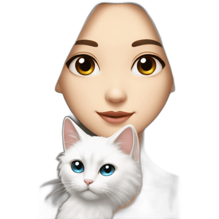 A girl with long dark hair and on her left shoulder and neck lies a white fluffy cat with different eyes emoji