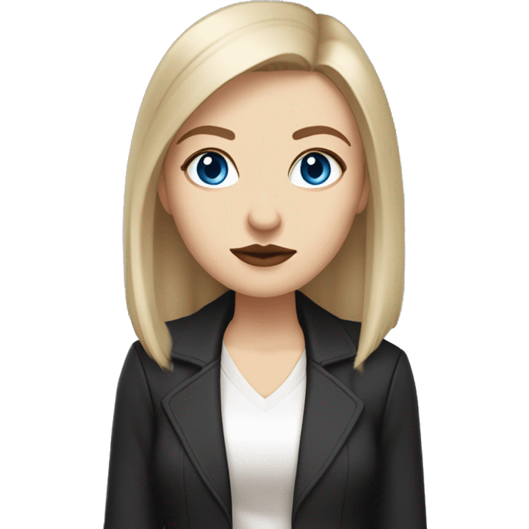 Slavic woman with blue eyes, fair skin, straight gradient from brown to blonde medium bob hair, goth eyes makeup, beige lips, dressed in white T-shirt and office black jacket. emoji