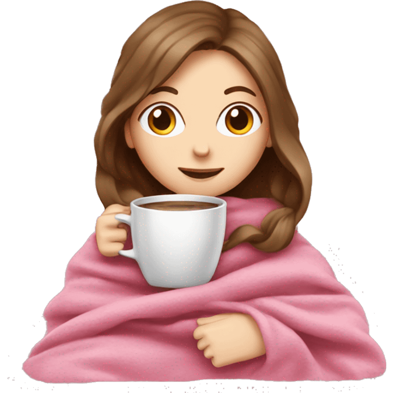 brown-haired white girl inside a pink blanket sipping coffee  emoji