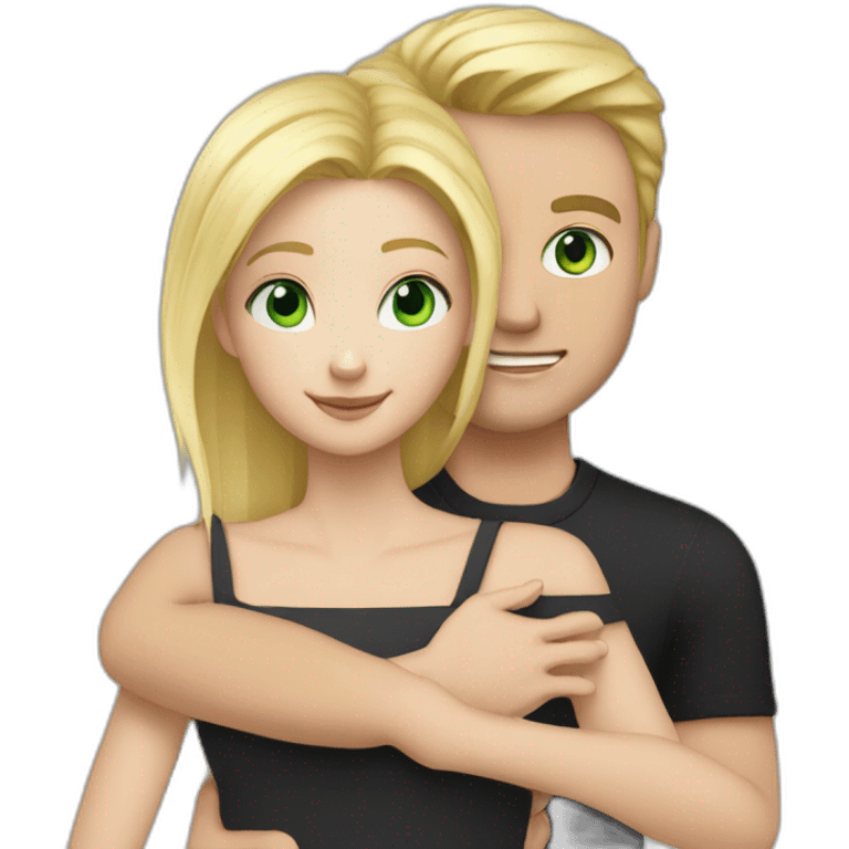 A couple of a girl with blonde hair and green eyes, and a man with black hair and black eyes, that are hugging emoji