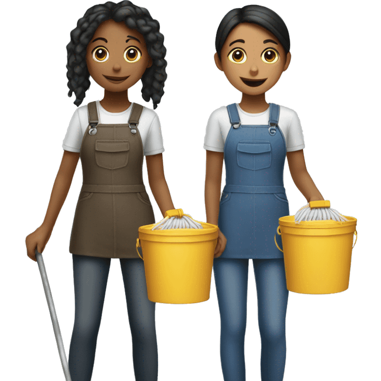 Two girls standing back to back holding mops ad buckets emoji