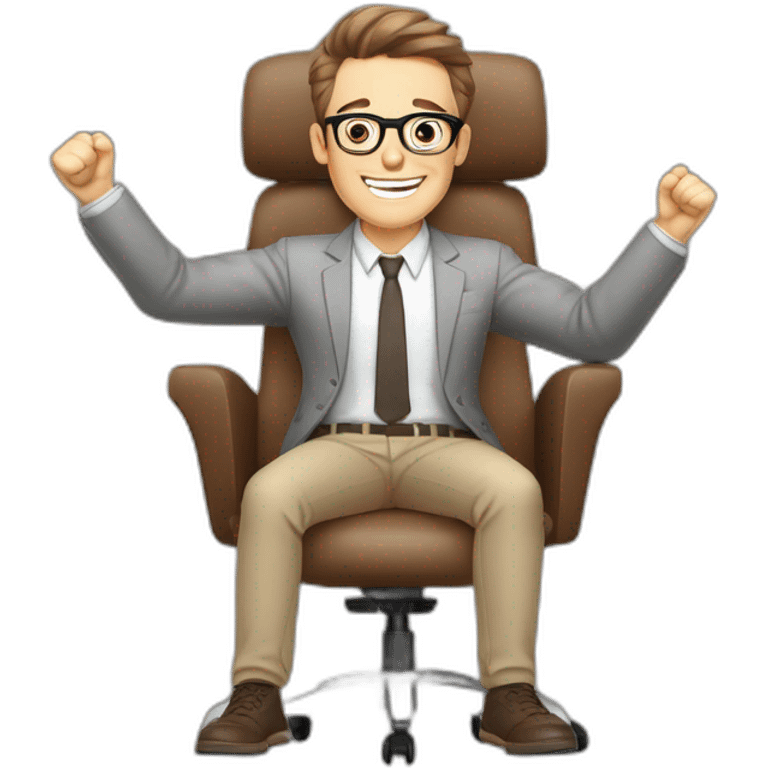 Joyful Celebrating victory Hands up Pale skinned Fit Man With dark brown hair in gray jacket, beige office shirt, Brown pants and vintage glasses sitting In a soft chair emoji