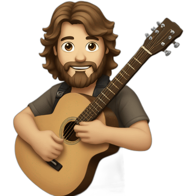 man with beard and long brown hair and a guitar emoji