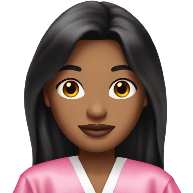 Light complexion woman with long black hair wearing a silk pink Victoria’s Secret robe emoji