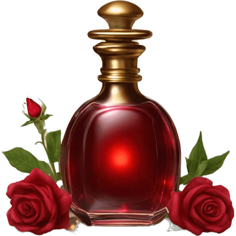 Dark red magic fairy light sparkling old Antique oil perfume bottle with herbal and rose flowers emoji