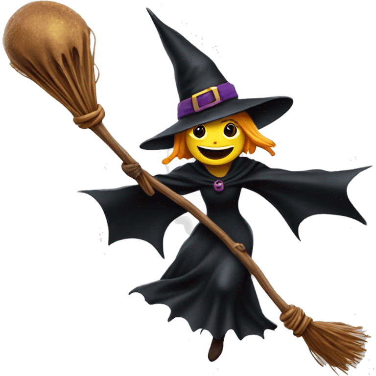 Scarry witch, flying to the right on a broom, throwing candy. emoji