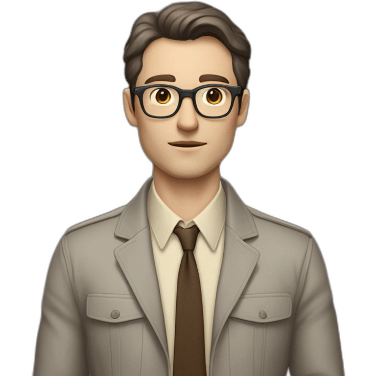 Full height Pale skinned Fit Man With dark brown hair in gray jacket, beige office shirt, tie, Brown pants and vintage glasses. Thrumbs of his palms directed up emoji