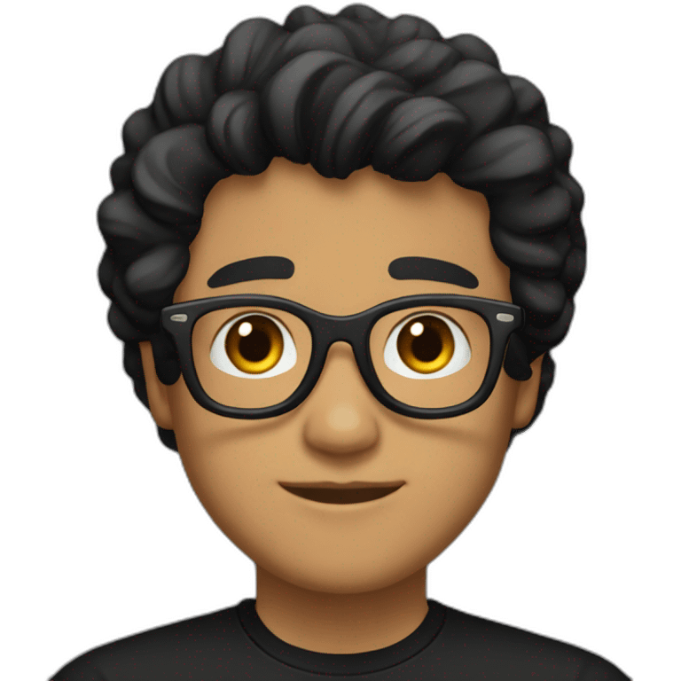 Light Brown guy, black wavy hair, no facial hair, transparent round glasses, black t shirt emoji